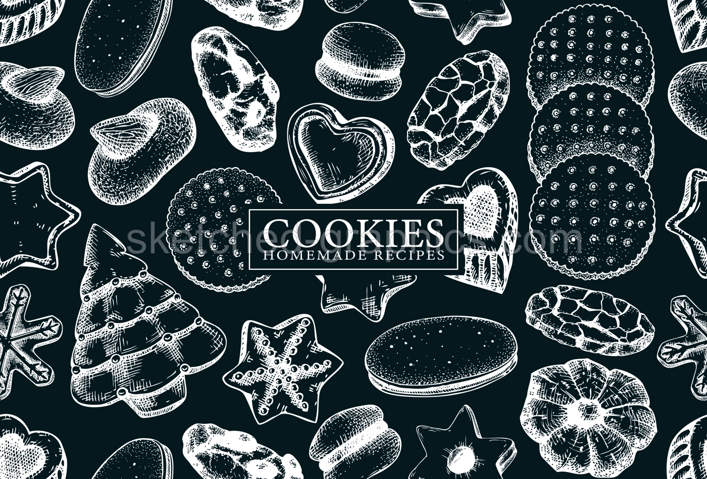 Bakery shop background on chalkboard. Popular cookies seamless pattern. Italian pastry sketches. Cookies with almond, chocolate, jam, crackers, chips hand drawn illustrations for logo, banner design Illustration